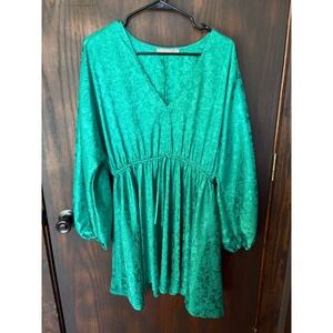 Red by BKE Green Floral Jacquard V-Neck Balloon Sleeve Mini Dress Medium